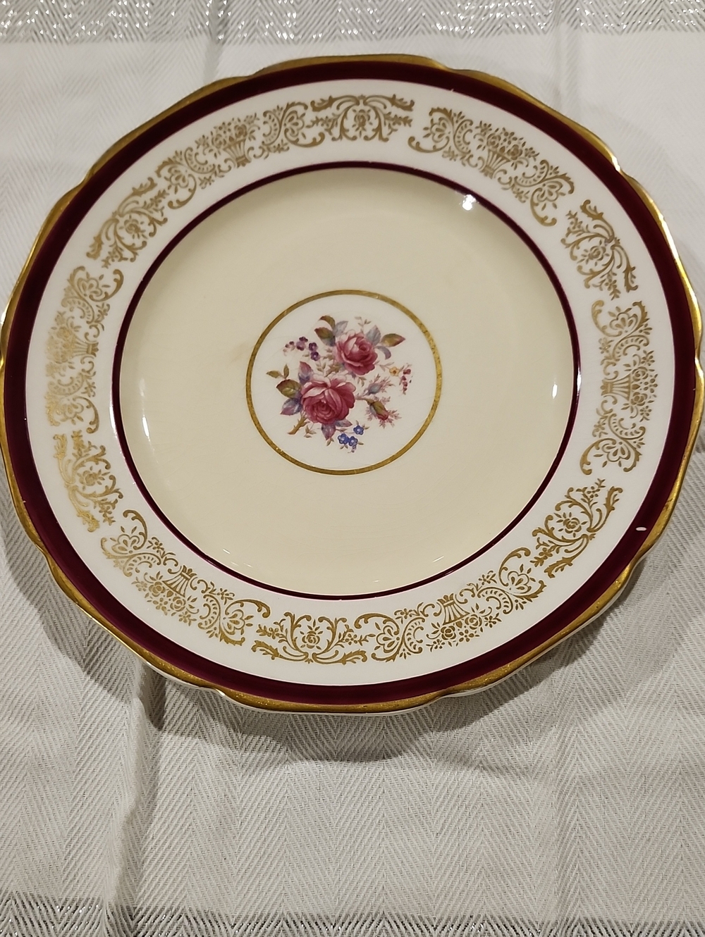 Elegant Cream and Burgundy Floral Gold-Rim Dinner Plate Pareek Johnson Bros